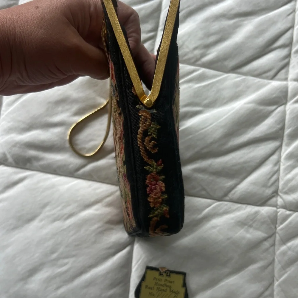 Vintage Petit Point Handmade Floral Tapestry Clutch with Gold Chain - Picture 5 of 8
